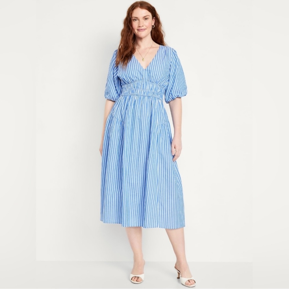 NWT Old Navy Waist-Defined Puff-Sleeve Midi Dress White & Blue - SMALL TALL